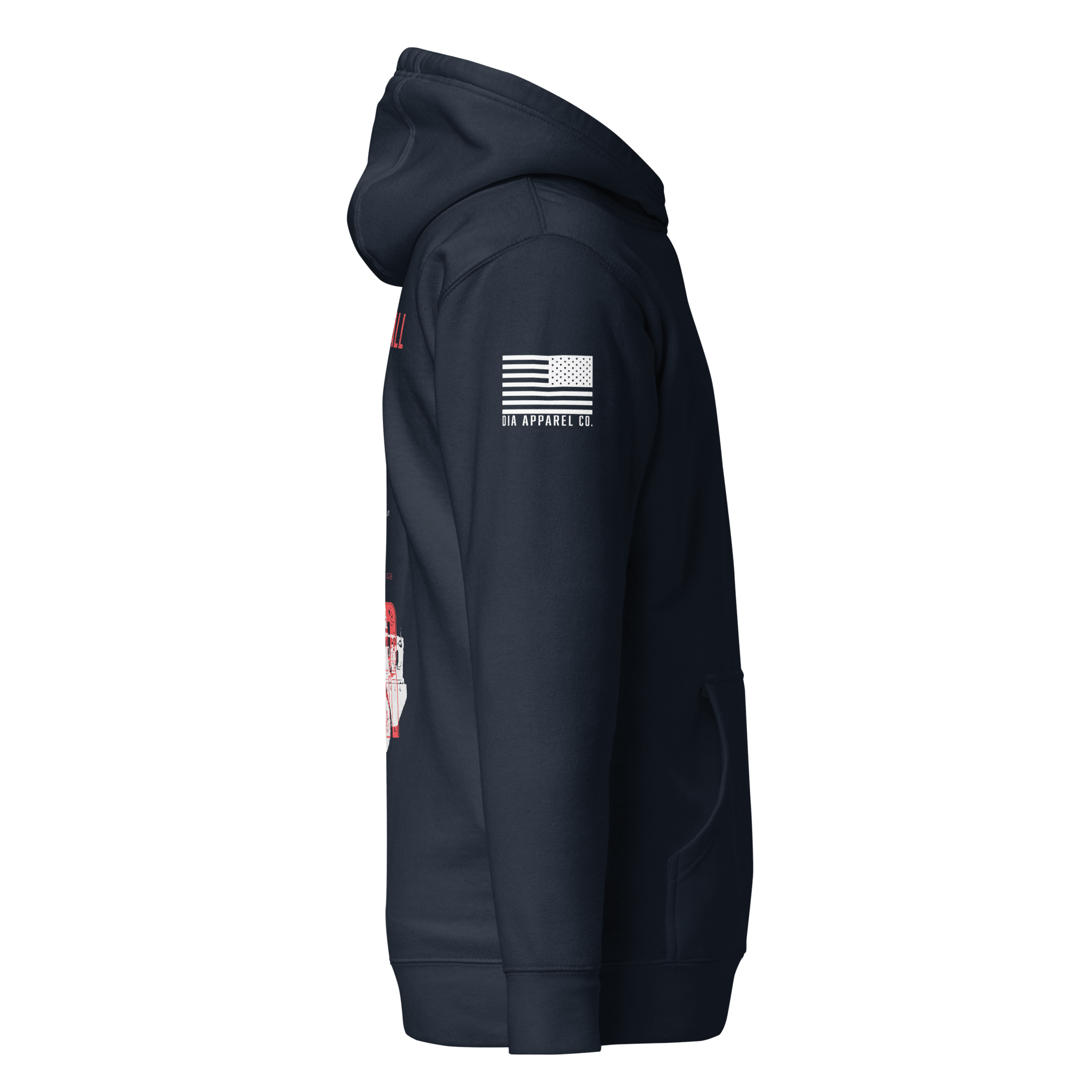 Navy hoodie shown from a side view, featuring an American flag and "DIA APPAREL CO." on the sleeve.