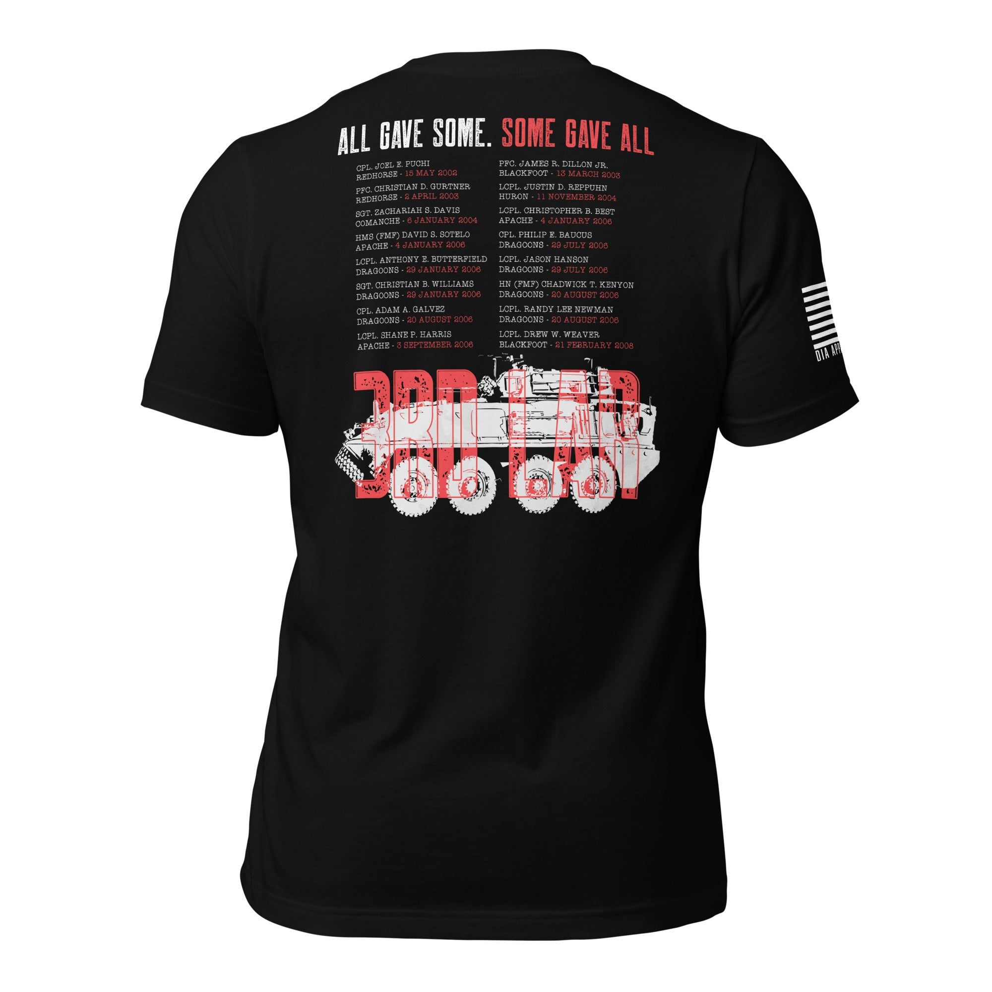 Black t-shirt, back view, featuring a 3RD LAR memorial graphic with an LAV vehicle and a list of fallen Marines.
