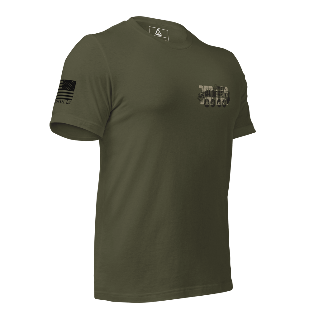 Military green t-shirt in a three-quarter view, with a black and tan 3rd LAR vehicle graphic and American flag on the sleeve.