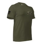 Military green t-shirt in a three-quarter view, with a black and tan 3rd LAR vehicle graphic and American flag on the sleeve.