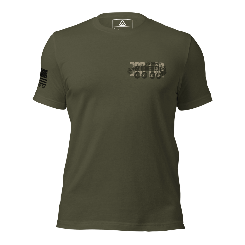 Military green t-shirt with a black and tan 3rd LAR vehicle graphic and an American flag on the sleeve.