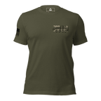 Military green t-shirt with a black and tan 3rd LAR vehicle graphic and an American flag on the sleeve.