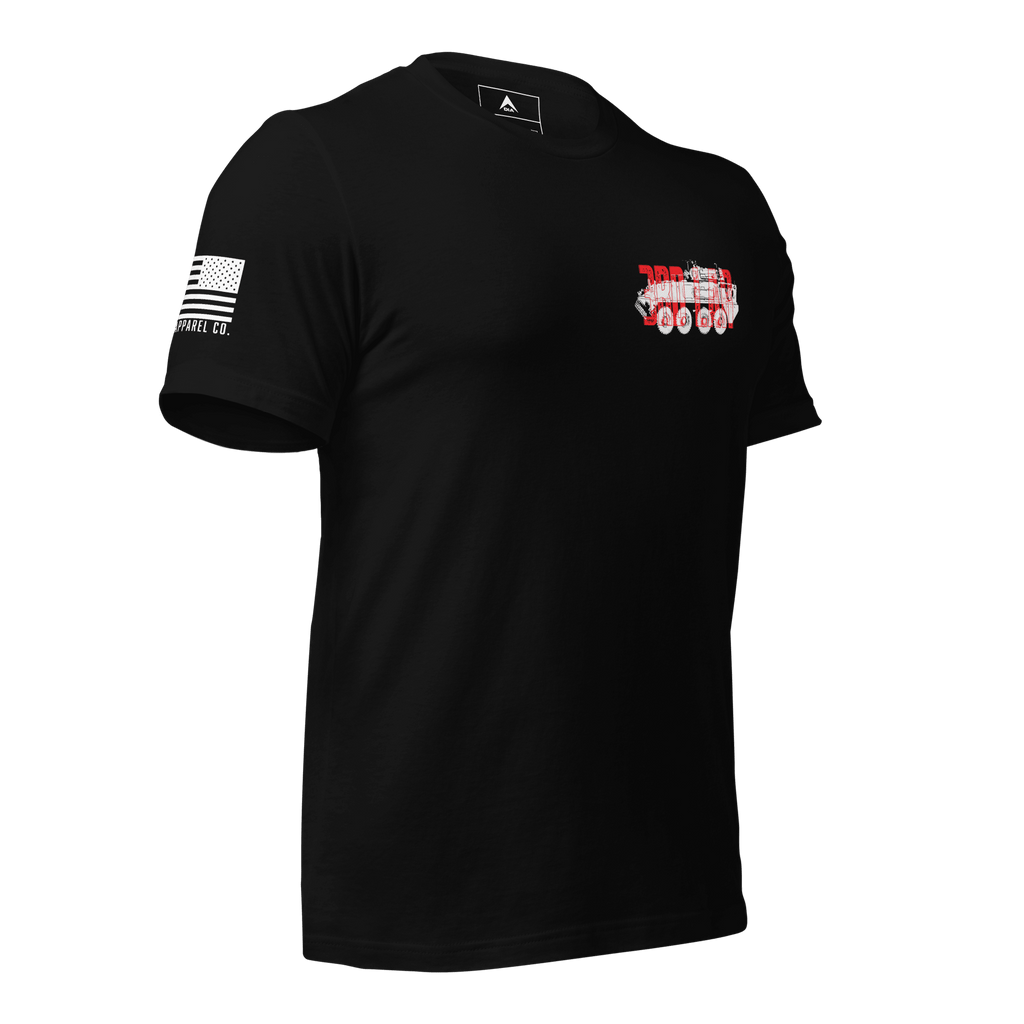 Black t-shirt in a three-quarter view, featuring a red and white 3rd LAR vehicle graphic and American flag on the sleeve.