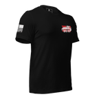 Black t-shirt in a three-quarter view, featuring a red and white 3rd LAR vehicle graphic and American flag on the sleeve.