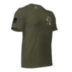 Military green t-shirt shown from a three-quarter view angled toward the left, with a black American flag on the sleeve.