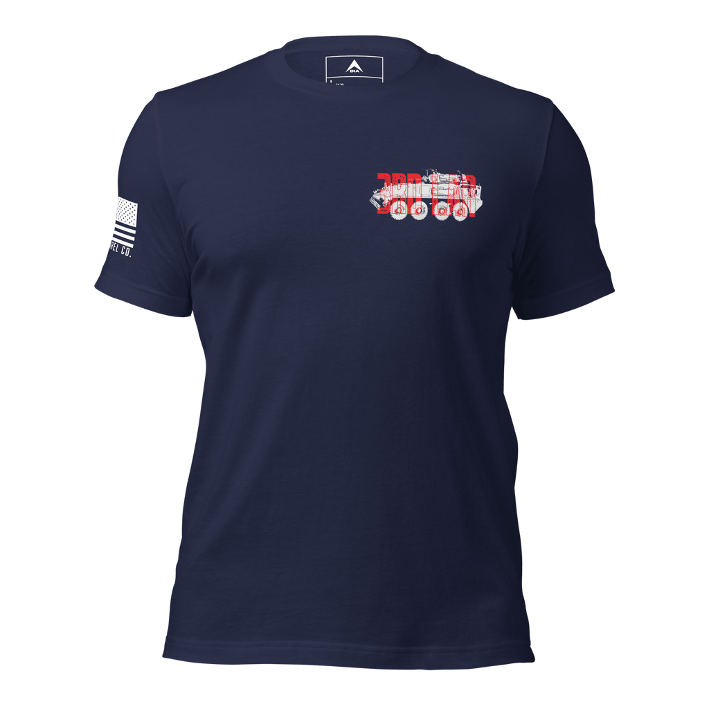 Navy t-shirt featuring a red and white 3rd LAR vehicle graphic and an American flag on the sleeve.