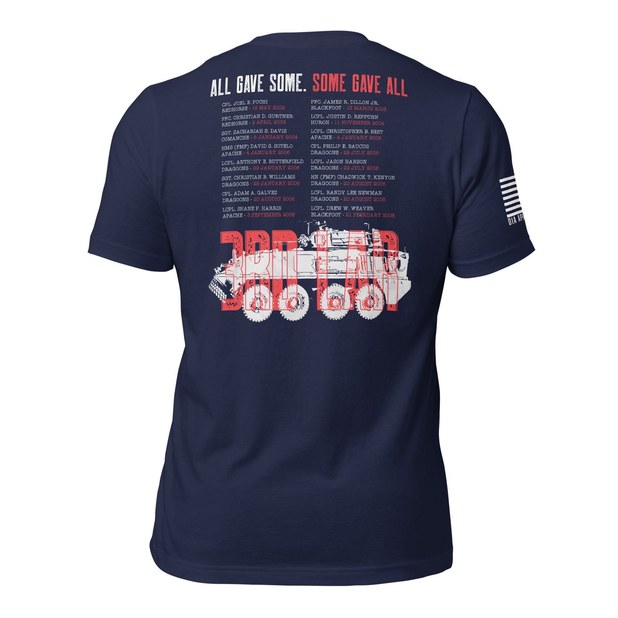 Navy blue t-shirt, back view, featuring a 3RD LAR memorial graphic with an LAV vehicle and a list of names.
