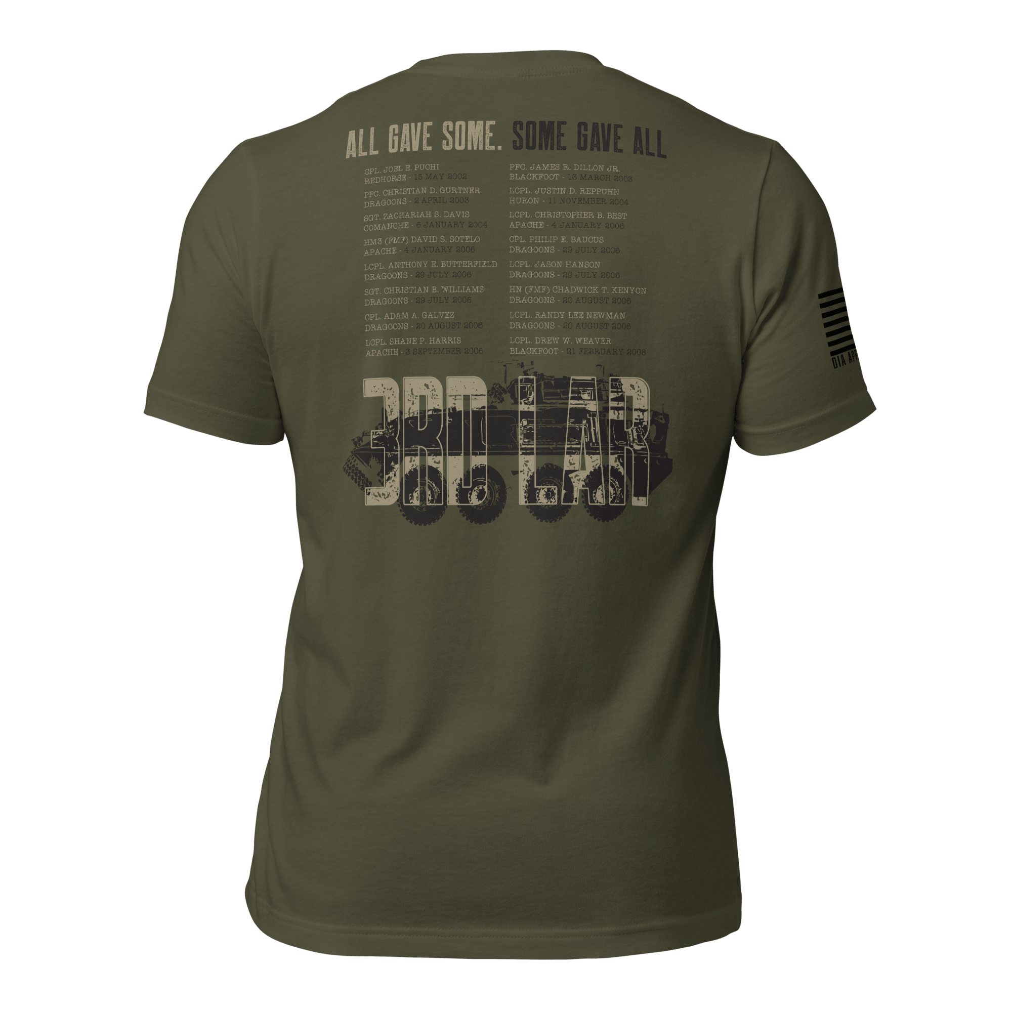 Military green t-shirt, back view, featuring a 3RD LAR memorial graphic with an LAV vehicle and a list of names.