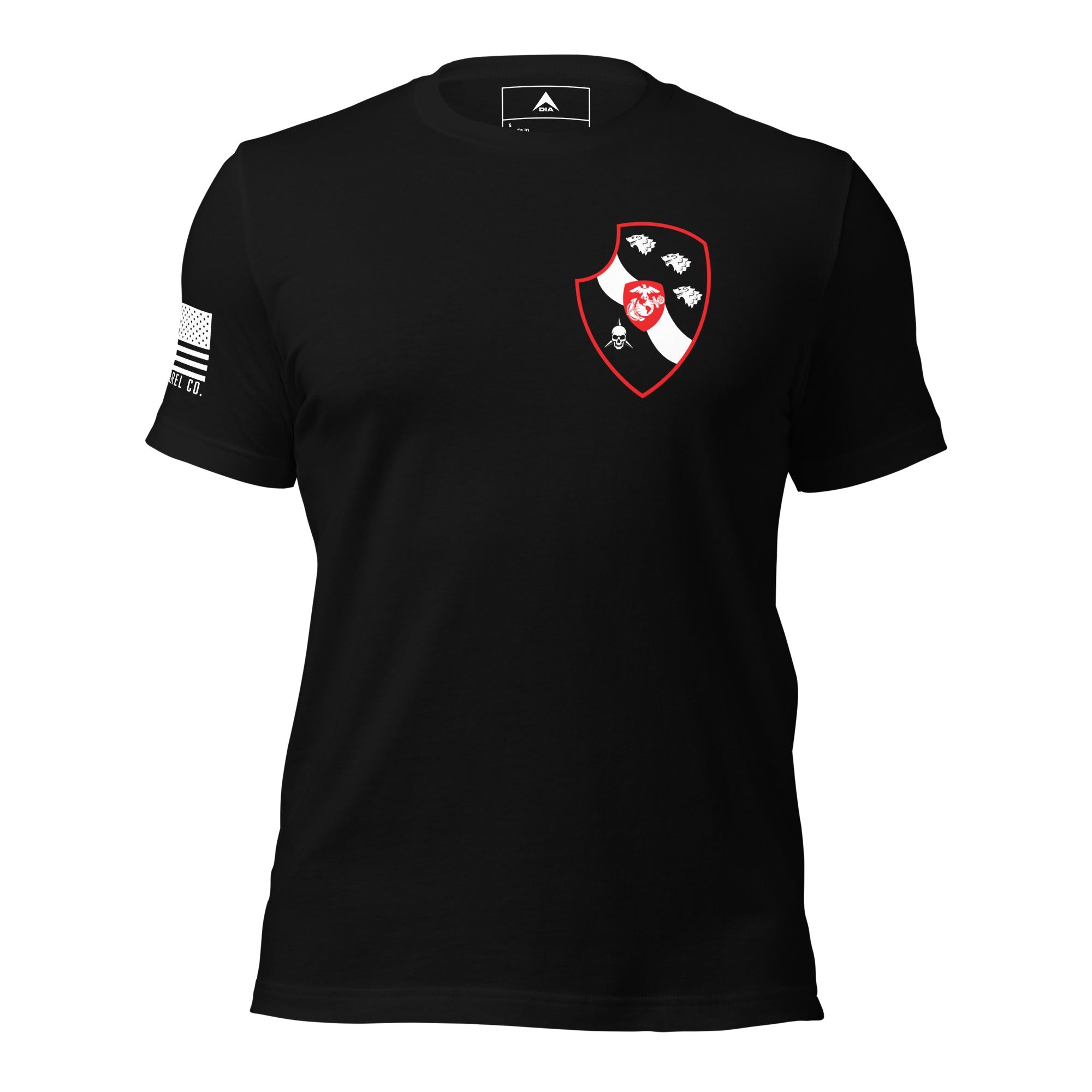 Black t-shirt featuring a front 3RD LAR memorial shield and a white American flag on the sleeve.
