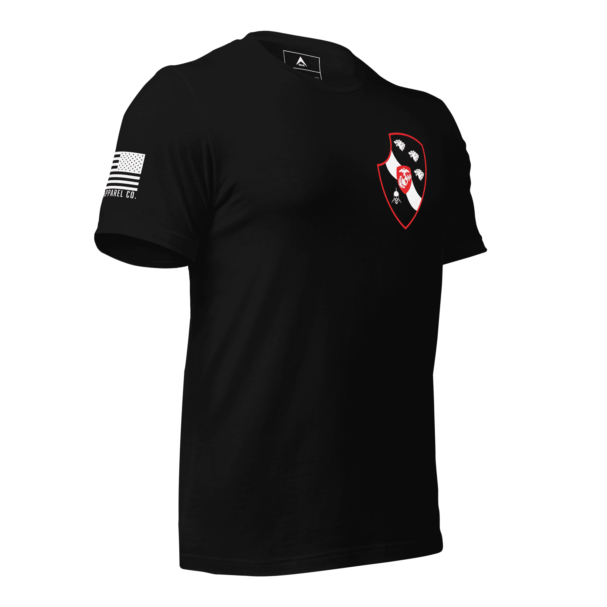 Black t-shirt angled right, showing a red shield chest emblem and a white US flag on the right sleeve.