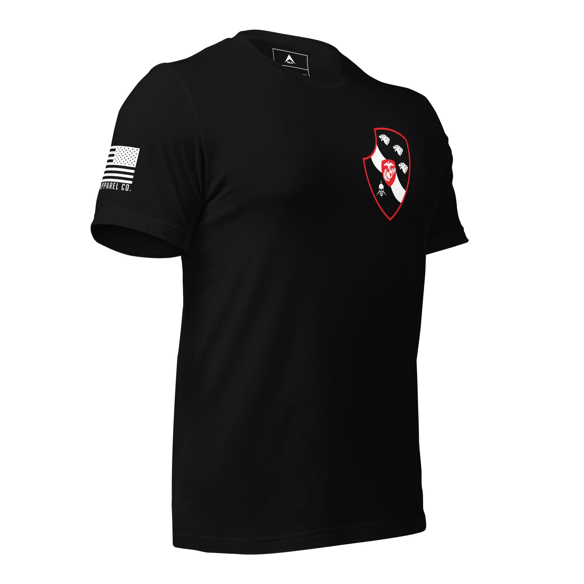 Black t-shirt, three-quarter view angled left, featuring a white American flag on the sleeve.