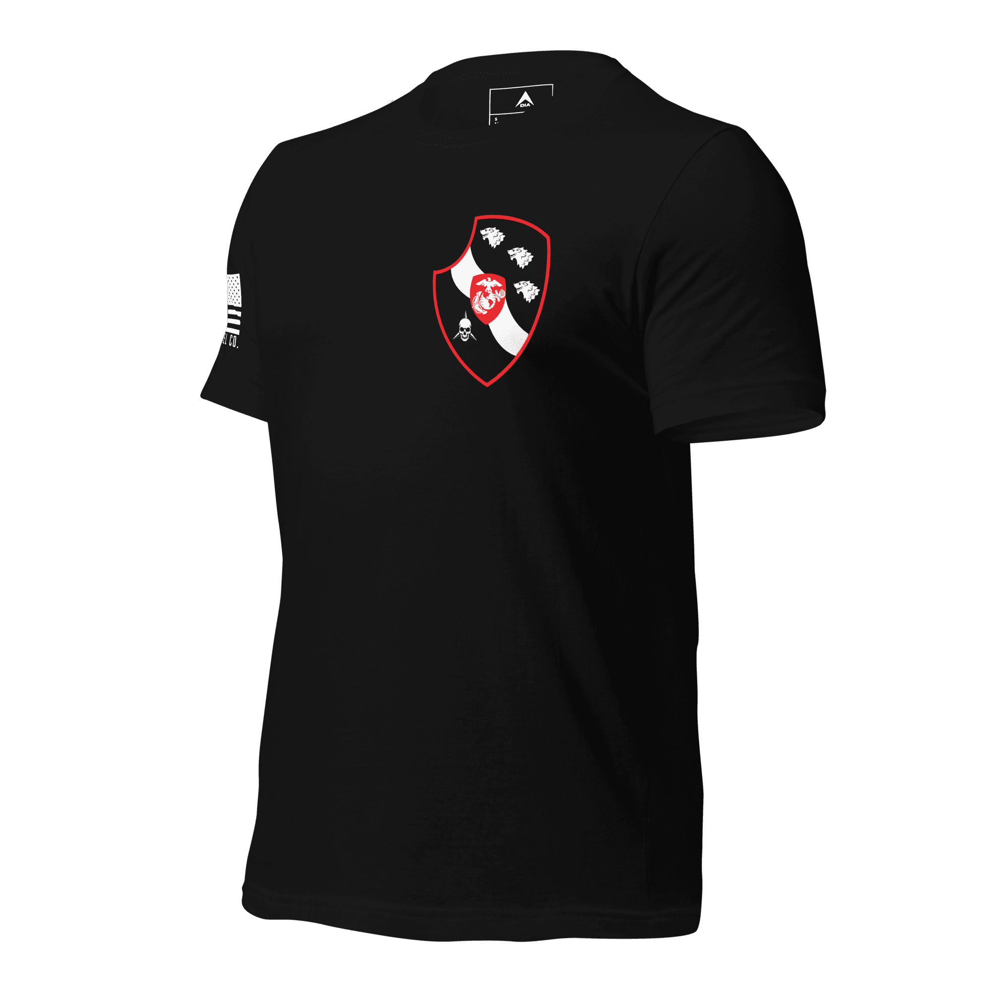 Black t-shirt shown from a three-quarter view angled left, with a red-bordered shield emblem on the chest.