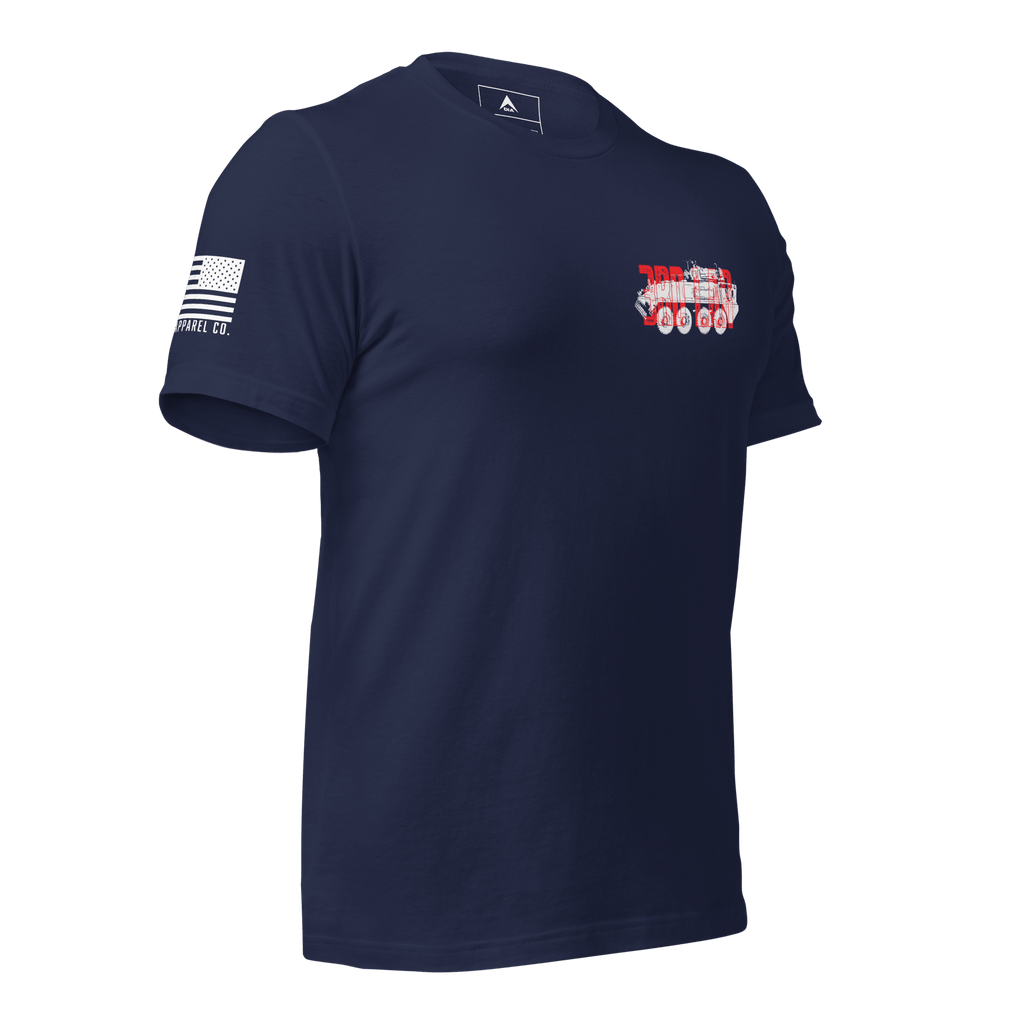 Navy t-shirt in a three-quarter view, featuring a red and white 3rd LAR vehicle graphic and American flag on the sleeve.