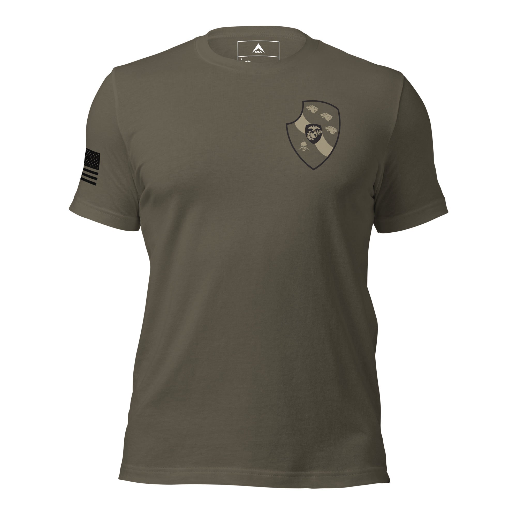 Military green t-shirt shown from a straight-on view, featuring a tan shield emblem on the chest.