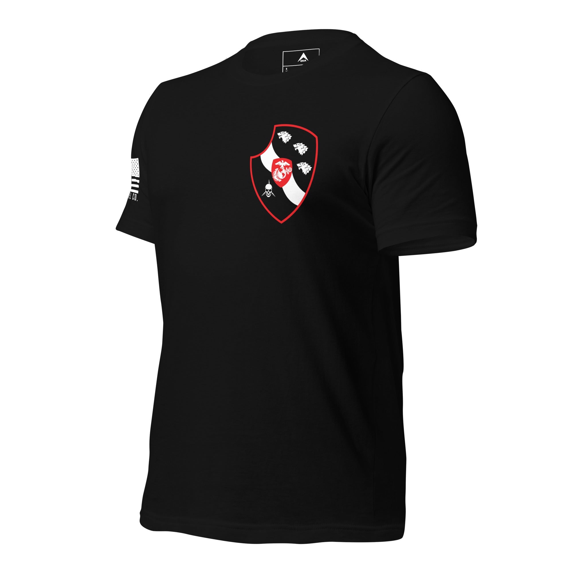 Black t-shirt, three-quarter view angled right, featuring a front 3RD LAR memorial shield
