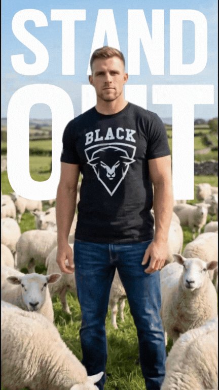Man standing in a field of sheep, wearing a black t-shirt with a sheep graphic and "BLACK" text, featuring "STAND OUT" text.