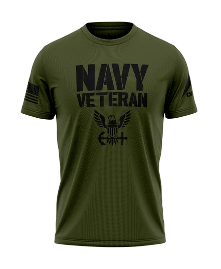Navy Veteran T-Shirt in olive green featuring bold black text "NAVY VETERAN," eagle emblem, and American flag on sleeve