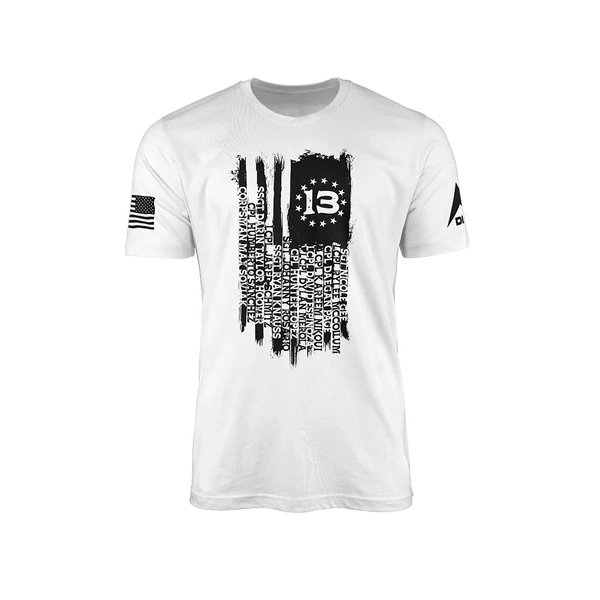 DIA commemorative t-shirt featuring a distressed American flag design with the number "13" and names of the 13 U.S. service members lost in the Kabul airport attack