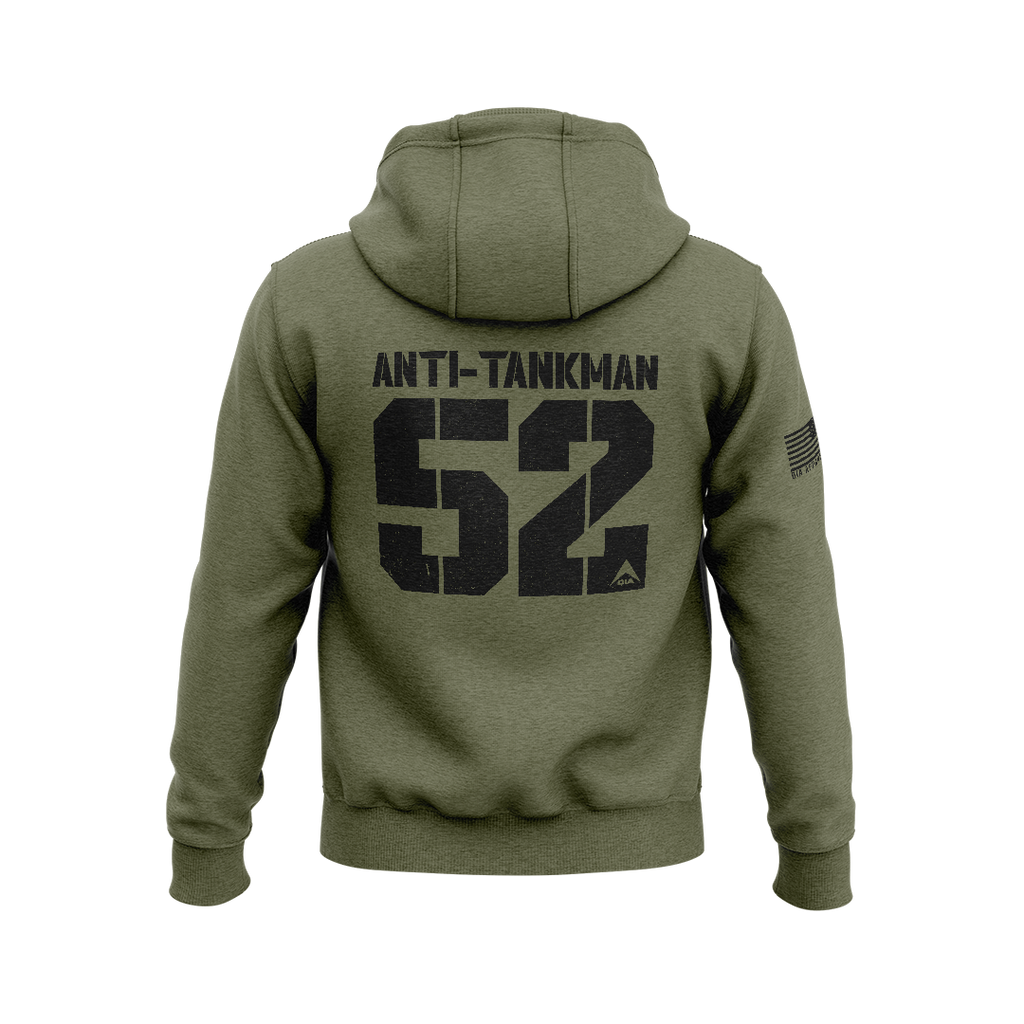 Military green hoodie with back "ANTI-TANKMAN 52" graphic, DIA logo, and an American flag patch on the right sleeve.