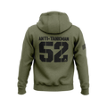 Military green hoodie with back "ANTI-TANKMAN 52" graphic, DIA logo, and an American flag patch on the right sleeve.