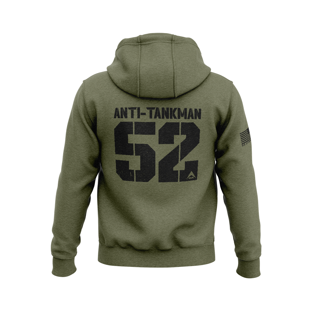 Military green hoodie with back "ANTI-TANKMAN 52" graphic, DIA logo, and an American flag patch on the right sleeve.