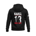 Black hoodie featuring back graphic with "KABUL 13 ABBEY GATE" text, military silhouette, and American flag sleeve patch.