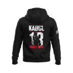 Black hoodie featuring back graphic with "KABUL 13 ABBEY GATE" text, military silhouette, and American flag sleeve patch.