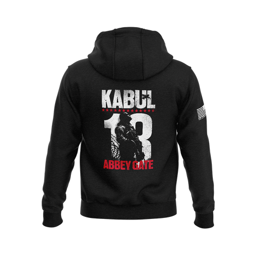 Black hoodie featuring back graphic with "KABUL 13 ABBEY GATE" text, military silhouette, and American flag sleeve patch.
