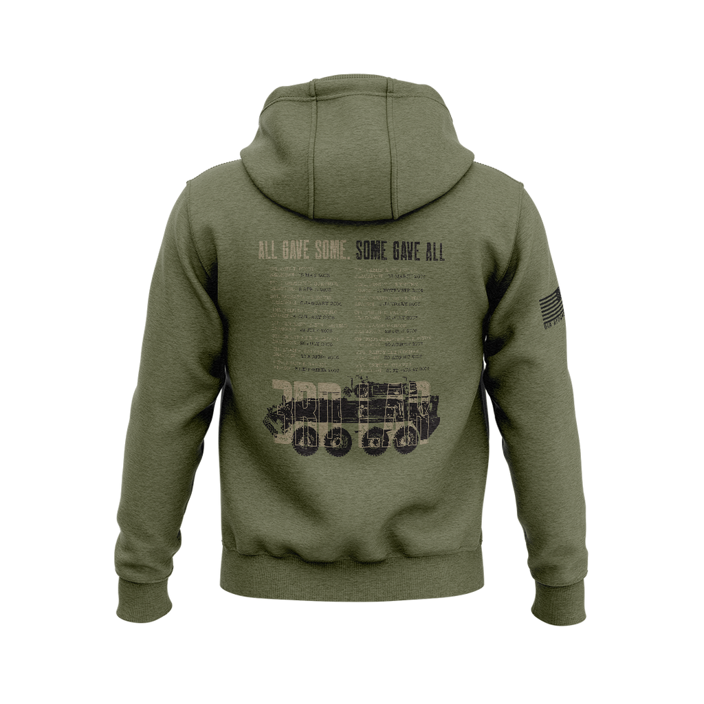 Olive green hoodie showcasing back memorial graphic with "ALL GAVE SOME, SOME GAVE ALL" text, fallen names list, and military vehicle outline.