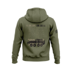 Olive green hoodie showcasing back memorial graphic with "ALL GAVE SOME, SOME GAVE ALL" text, fallen names list, and military vehicle outline.