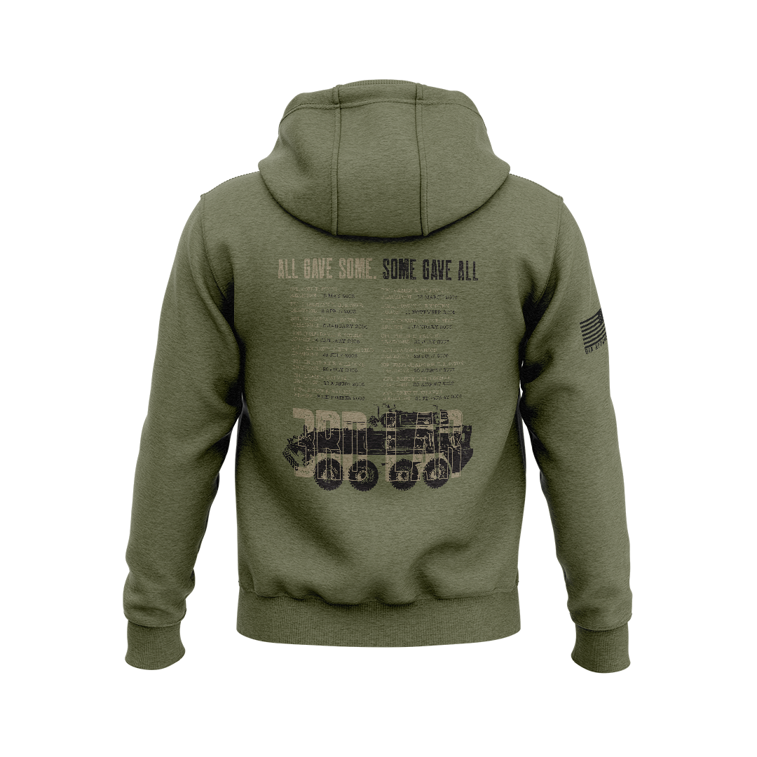 Olive green hoodie showcasing back memorial graphic with "ALL GAVE SOME, SOME GAVE ALL" text, fallen names list, and military vehicle outline.