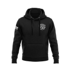 Black hoodie with front "AMERICA 250TH" chest graphic and an American flag patch on the right sleeve.