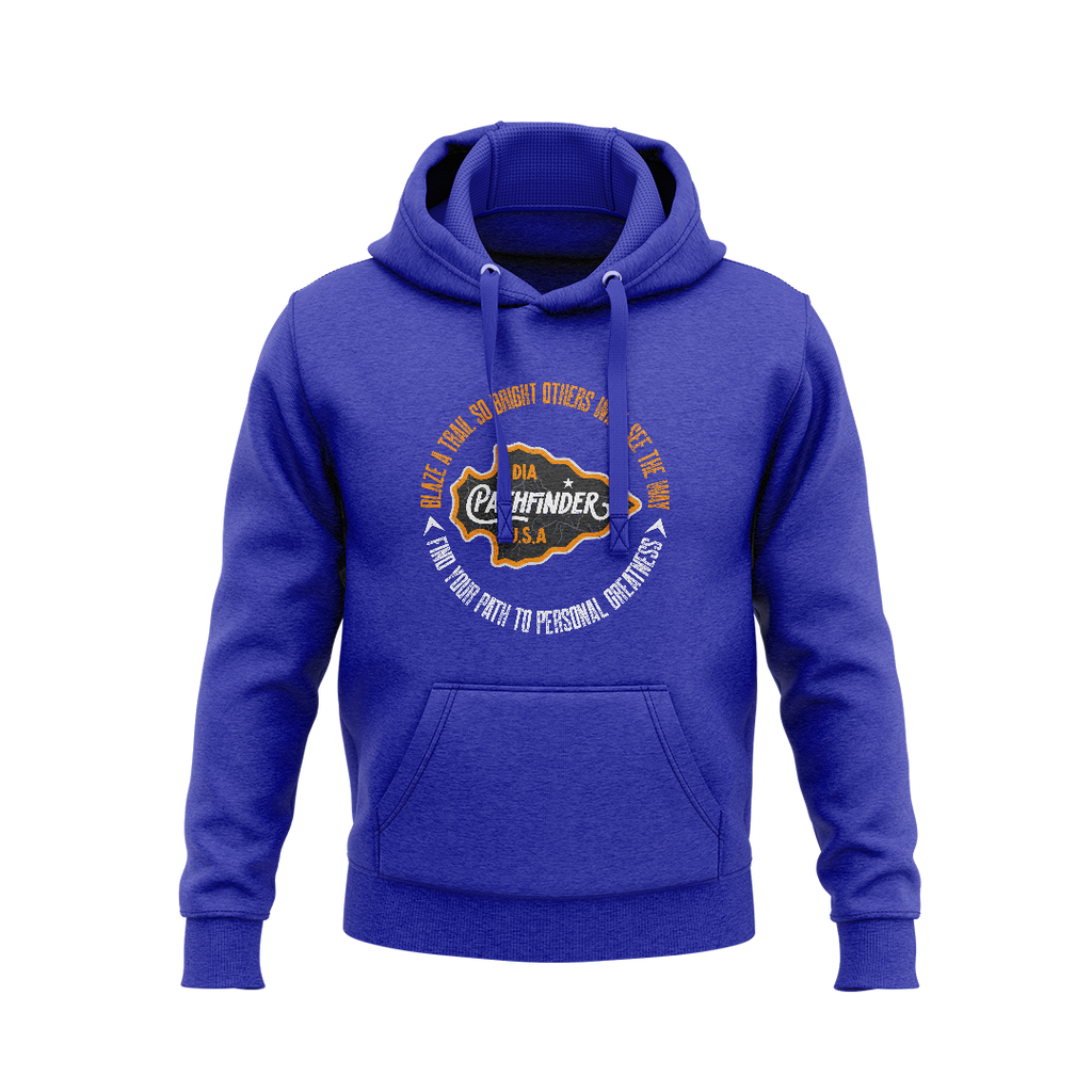 Royal blue hoodie featuring a circular chest graphic with "DIA PATHFINDER U.S.A" and inspirational outdoor text.   
