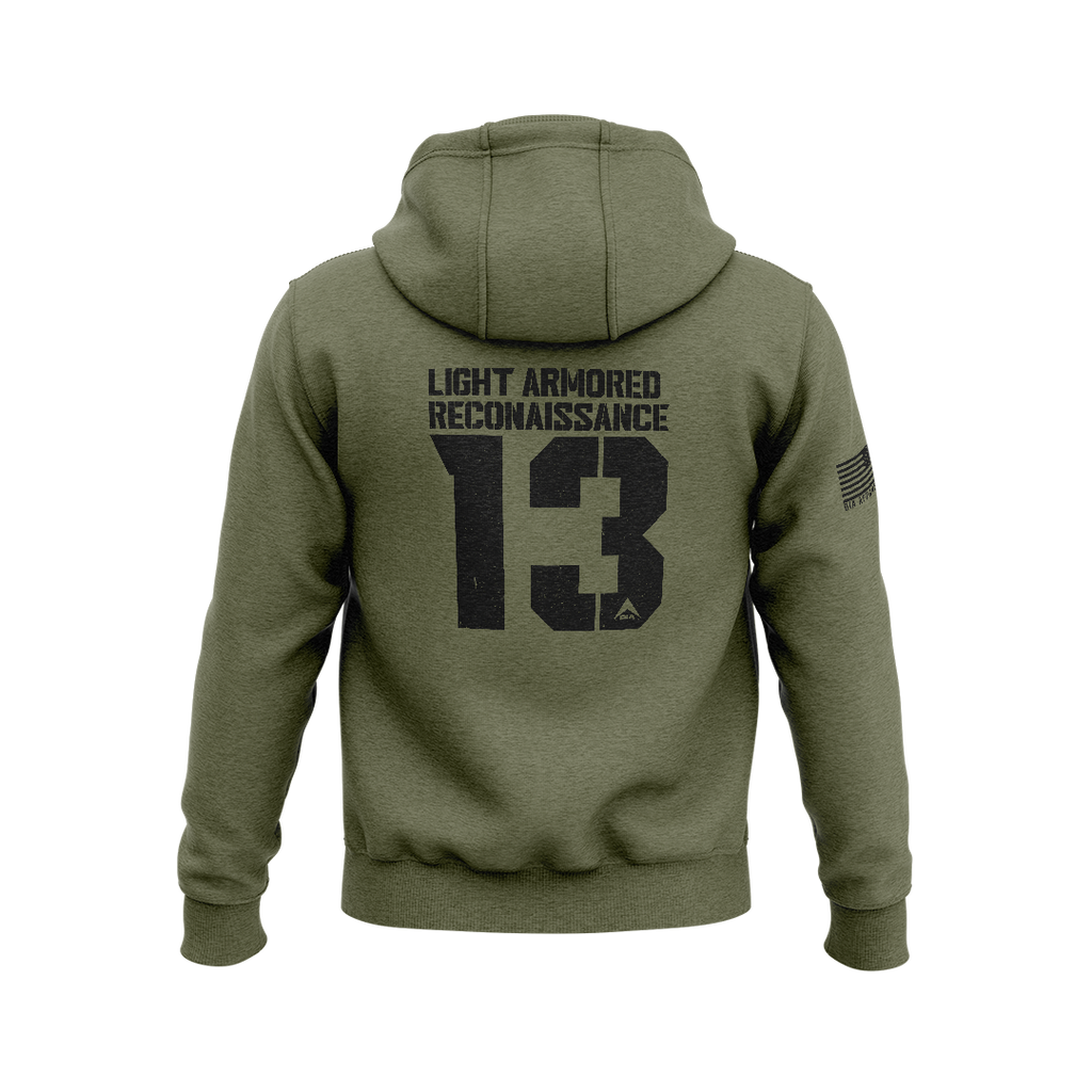 Military green hoodie with back "LIGHT ARMORED RECONNAISSANCE 13" graphic, DIA logo, and an American flag sleeve patch.