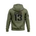 Military green hoodie with back "LIGHT ARMORED RECONNAISSANCE 13" graphic, DIA logo, and an American flag sleeve patch.