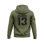 Military green hoodie with back "LIGHT ARMORED RECONNAISSANCE 13" graphic, DIA logo, and an American flag sleeve patch.