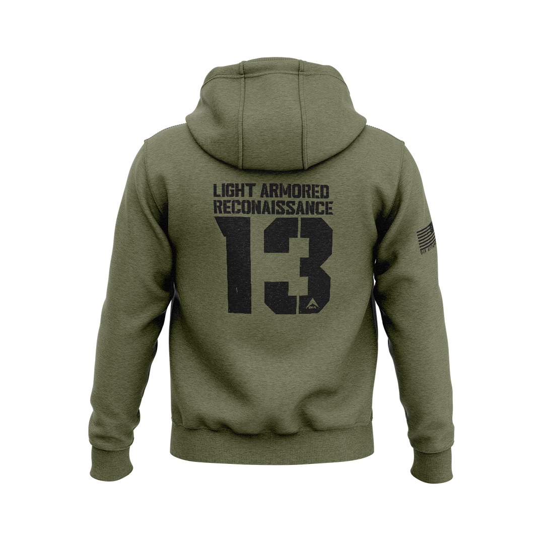 Military green hoodie with back "LIGHT ARMORED RECONNAISSANCE 13" graphic, DIA logo, and an American flag sleeve patch.