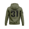 Military green hoodie with back "MACHINEGUNNER 31" graphic, DIA logo, and an American flag patch on the right sleeve.