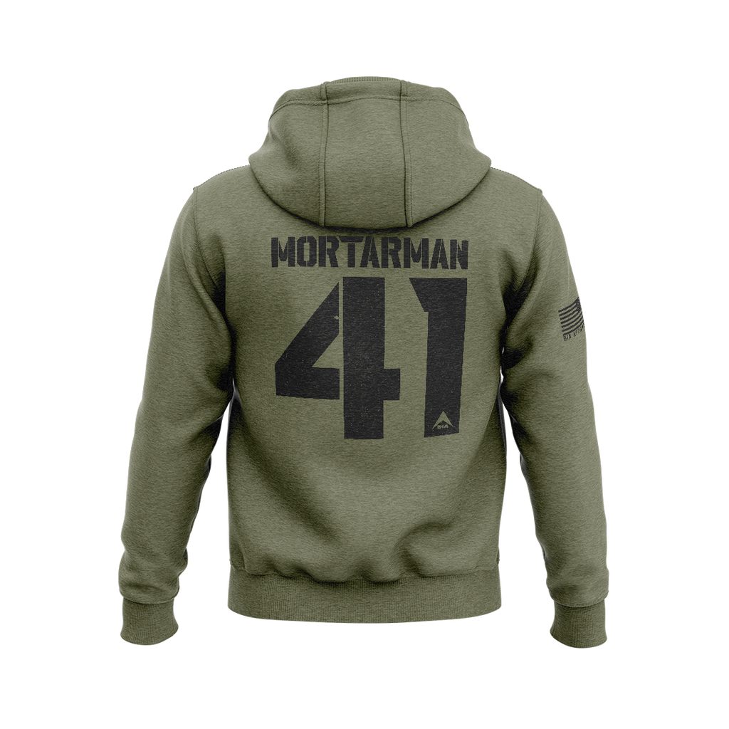 Military green hoodie with back "MORTARMAN 41" graphic, DIA logo, and an American flag patch on the right sleeve.