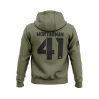 Military green hoodie with back "MORTARMAN 41" graphic, DIA logo, and an American flag patch on the right sleeve.