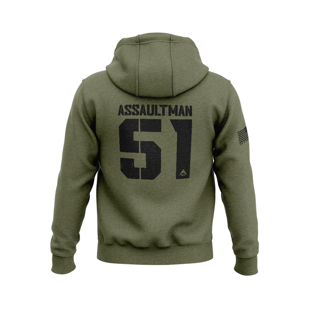 Military green hoodie with back "ASSAULTMAN 51" graphic, DIA logo, and an American flag patch on the right sleeve.