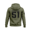 Military green hoodie with back "ASSAULTMAN 51" graphic, DIA logo, and an American flag patch on the right sleeve.