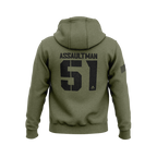 Military green hoodie with back "ASSAULTMAN 51" graphic, DIA logo, and an American flag patch on the right sleeve.