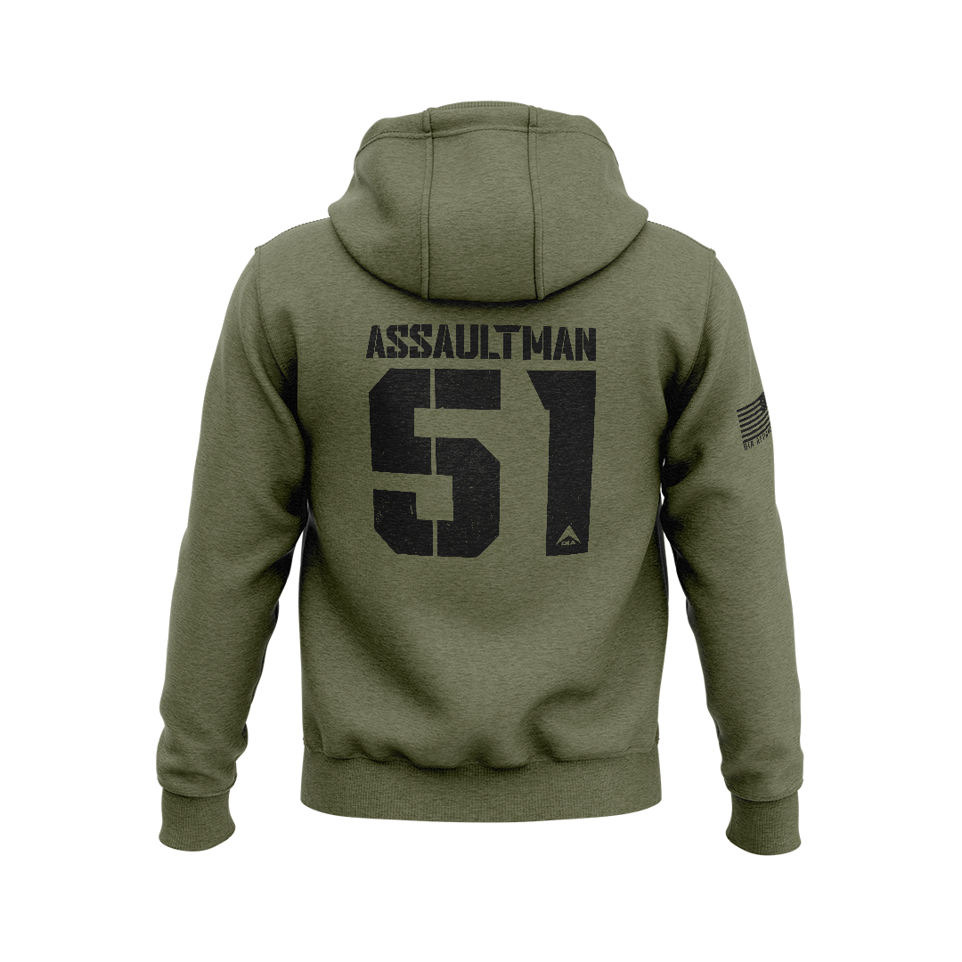 Military green hoodie with back "ASSAULTMAN 51" graphic, DIA logo, and an American flag patch on the right sleeve.