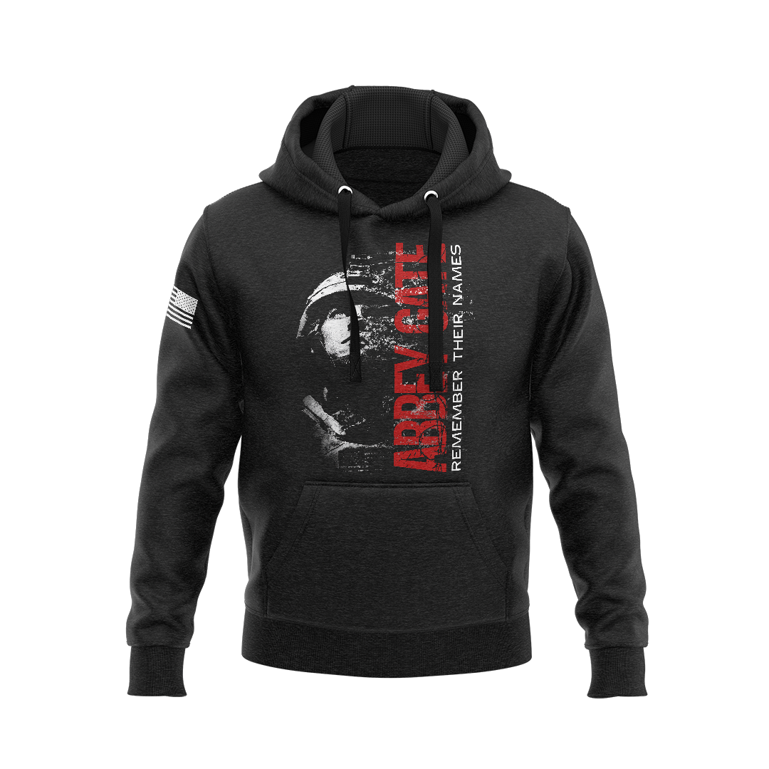 DIA Abbey Gate Remember Their Names Hoodie featuring a soldier's silhouette and text honoring the Kabul 13