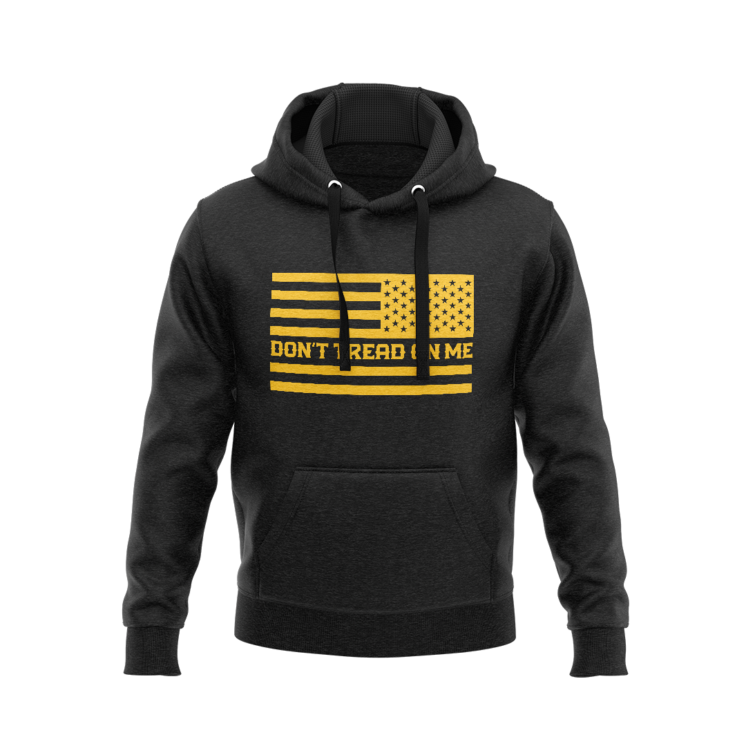 DIA Don't Tread On Me Hoodie featuring a yellow graphic of the American flag and text