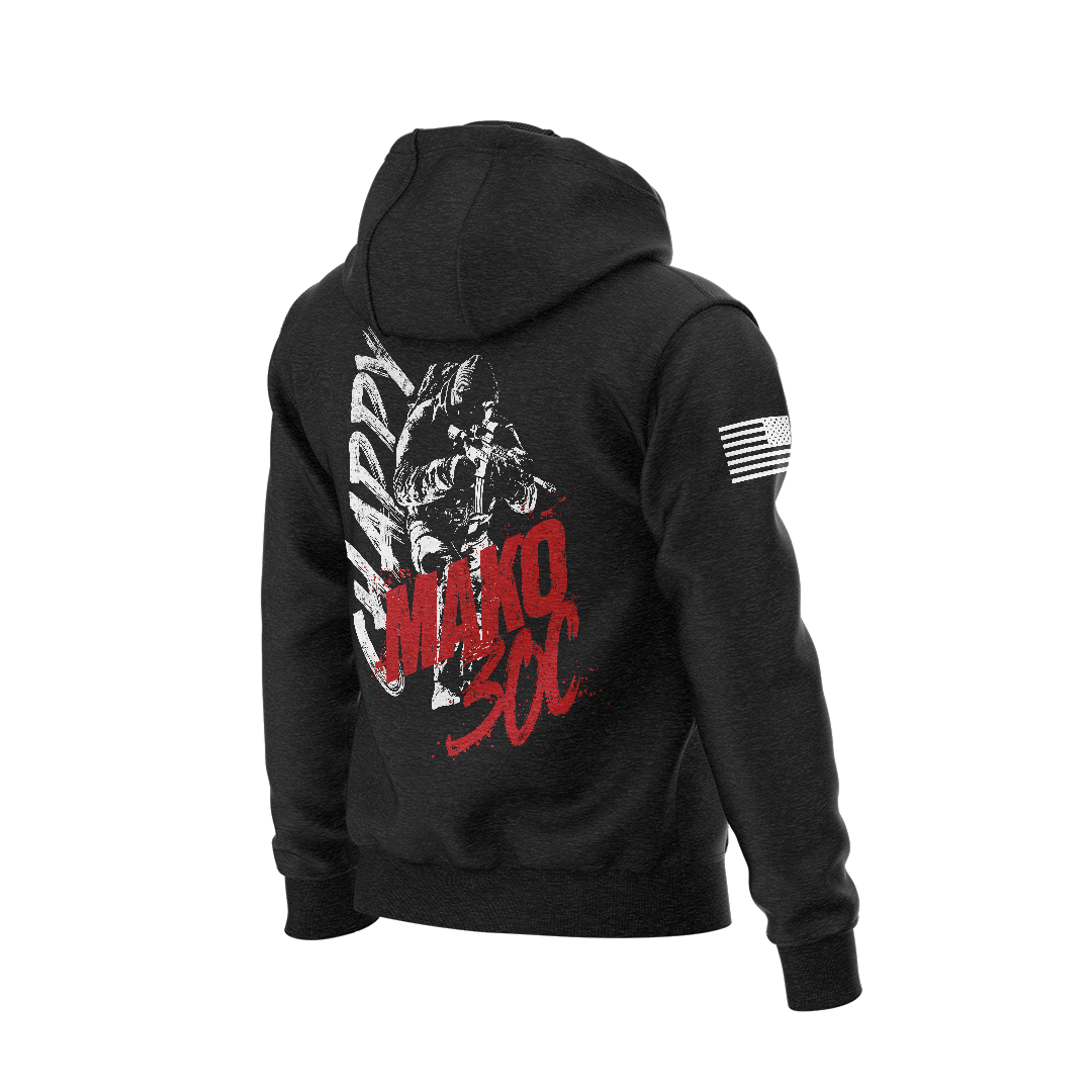 DIA "Chappy" Mako Three Zero Charlie Hoodie featuring a graphic design honoring Master Sergeant John Chapman, with text "CHAPPY" and "MAKO 30C" in bold red and white, and a small American flag on the sleeve