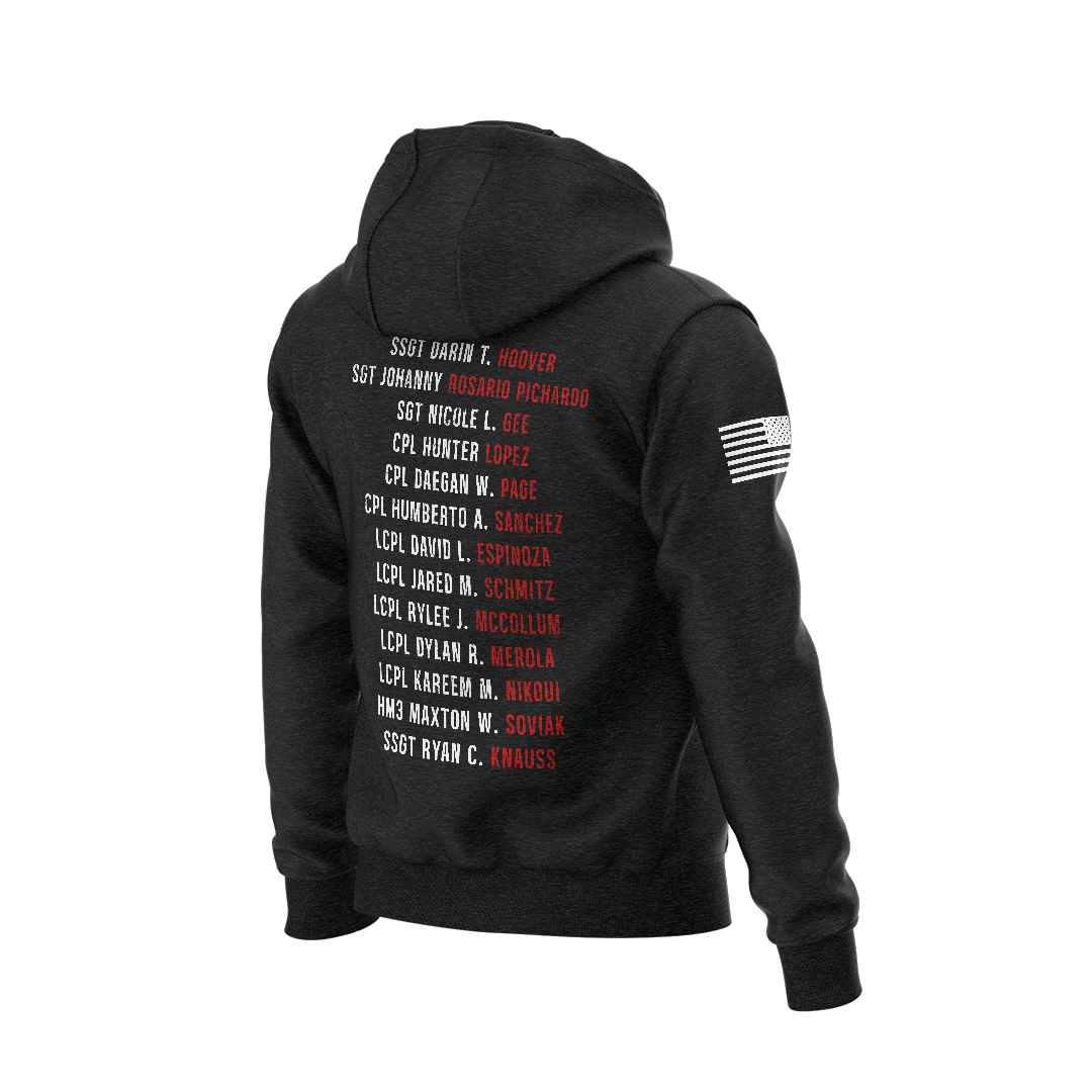 DIA Abbey Gate Remember Their Names Hoodie featuring names of the Kabul 13 in red text on the back, black fabric, and an American flag patch on the sleeve