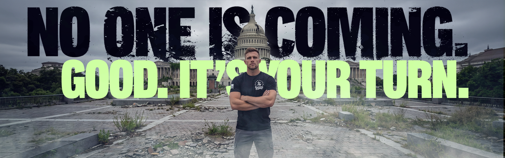 Man standing before the U.S. Capitol wearing a black 9/11 memorial t-shirt.