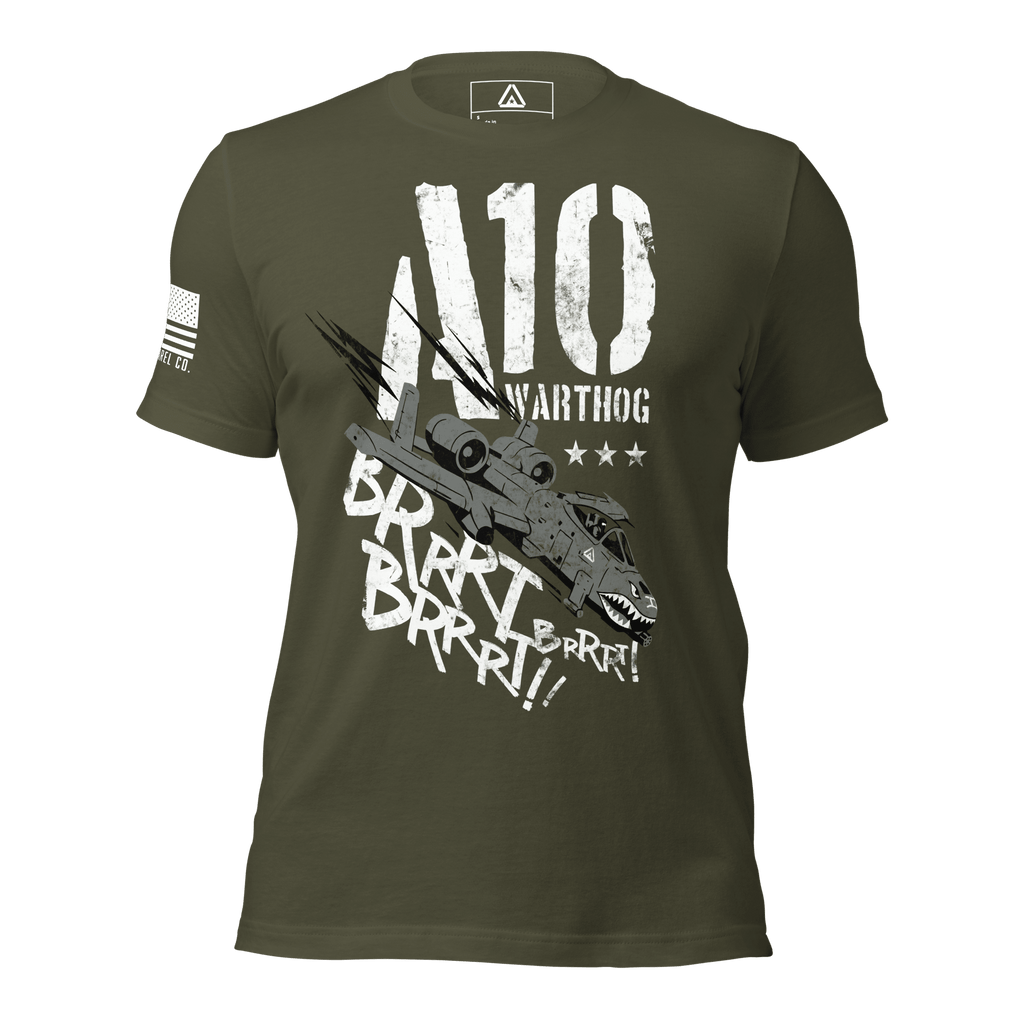 Military green t-shirt from a flat front view, with an A-10 Warthog and white American flag on the right sleeve.
